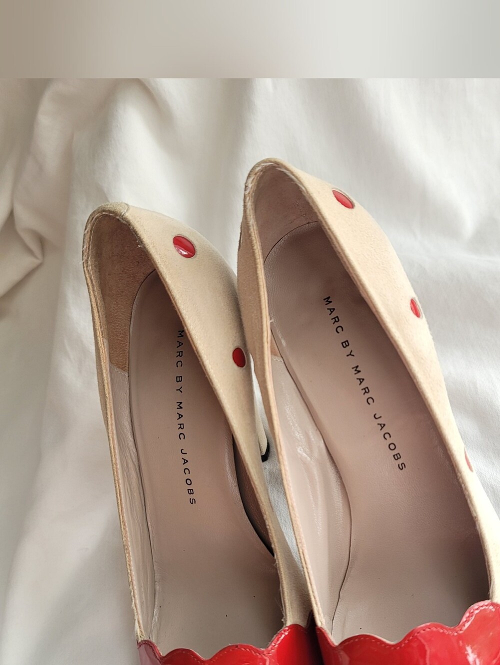 Marc by Marc Jacobs Beige Suede Heels with Red Polka Dots - Picture 11 of 13